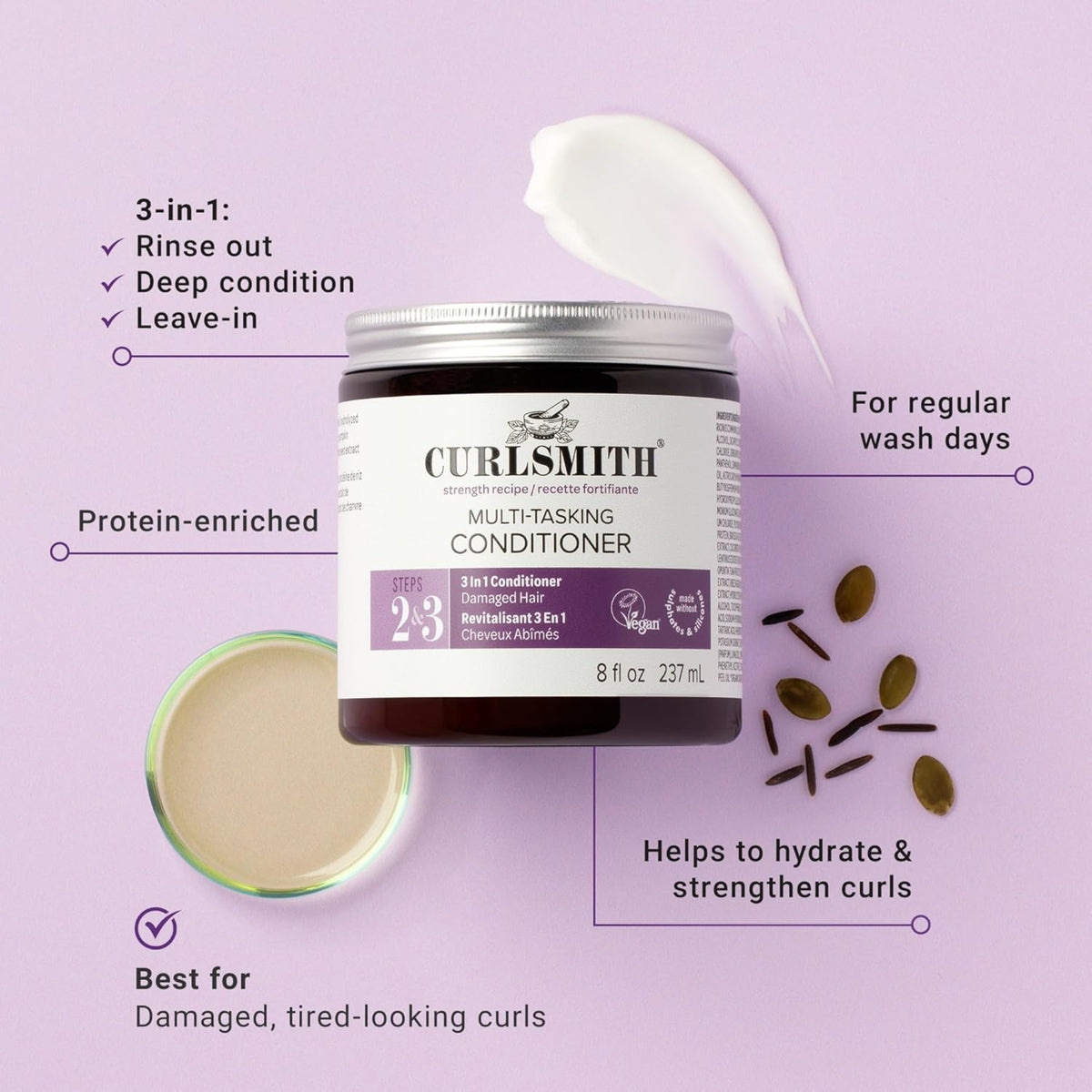 Curlsmith Multi-Tasking Conditioner 237ml in dark glass jar with white texture, seed and silver lid on purple background.