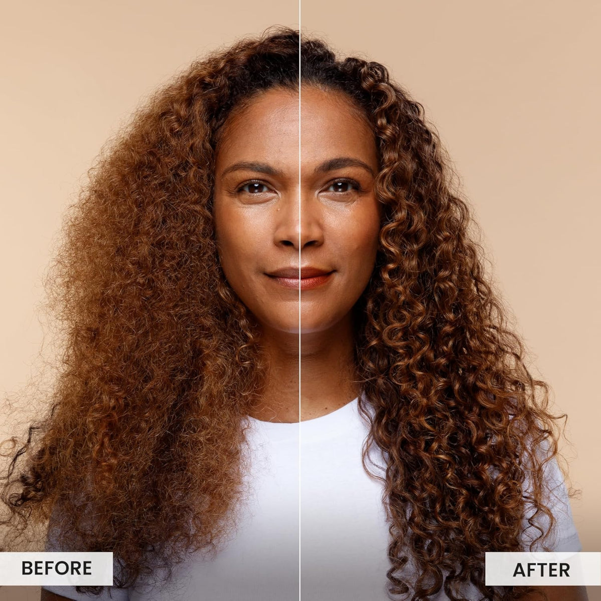 Woman with curly hair before and after hair care, left side matte, right side shiny and defined.