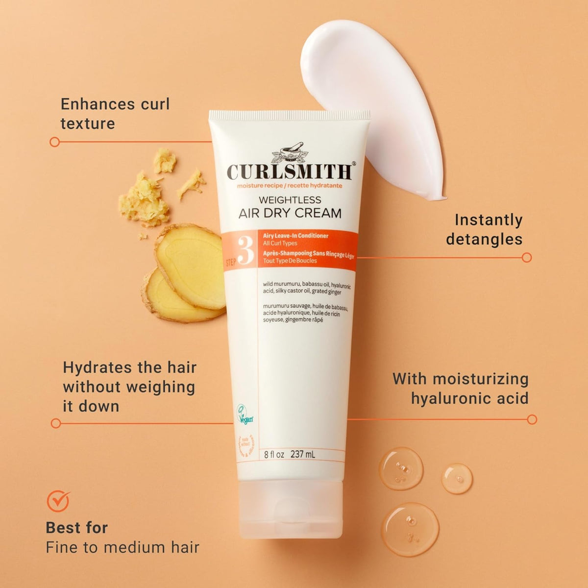 Curlsmith Weightless Air Dry Cream tube with ginger and cream texture that shows moisturizing and softening properties.
