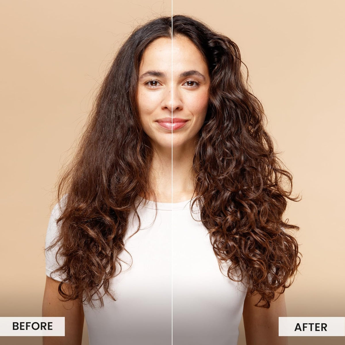 Before and after: wavy hair on the left, well-defined curls on the right after using curl care product.