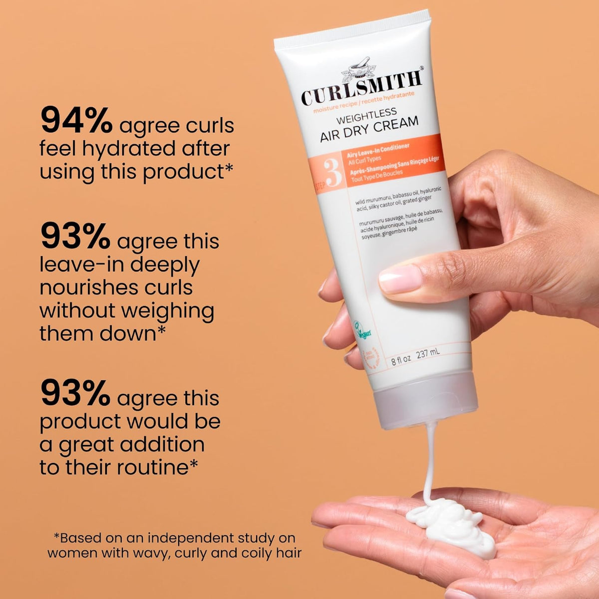 Curlsmith Weightless Air Dry Cream is squeezed out in the hand, with statistics on hydrating and nourishing effect on curls.