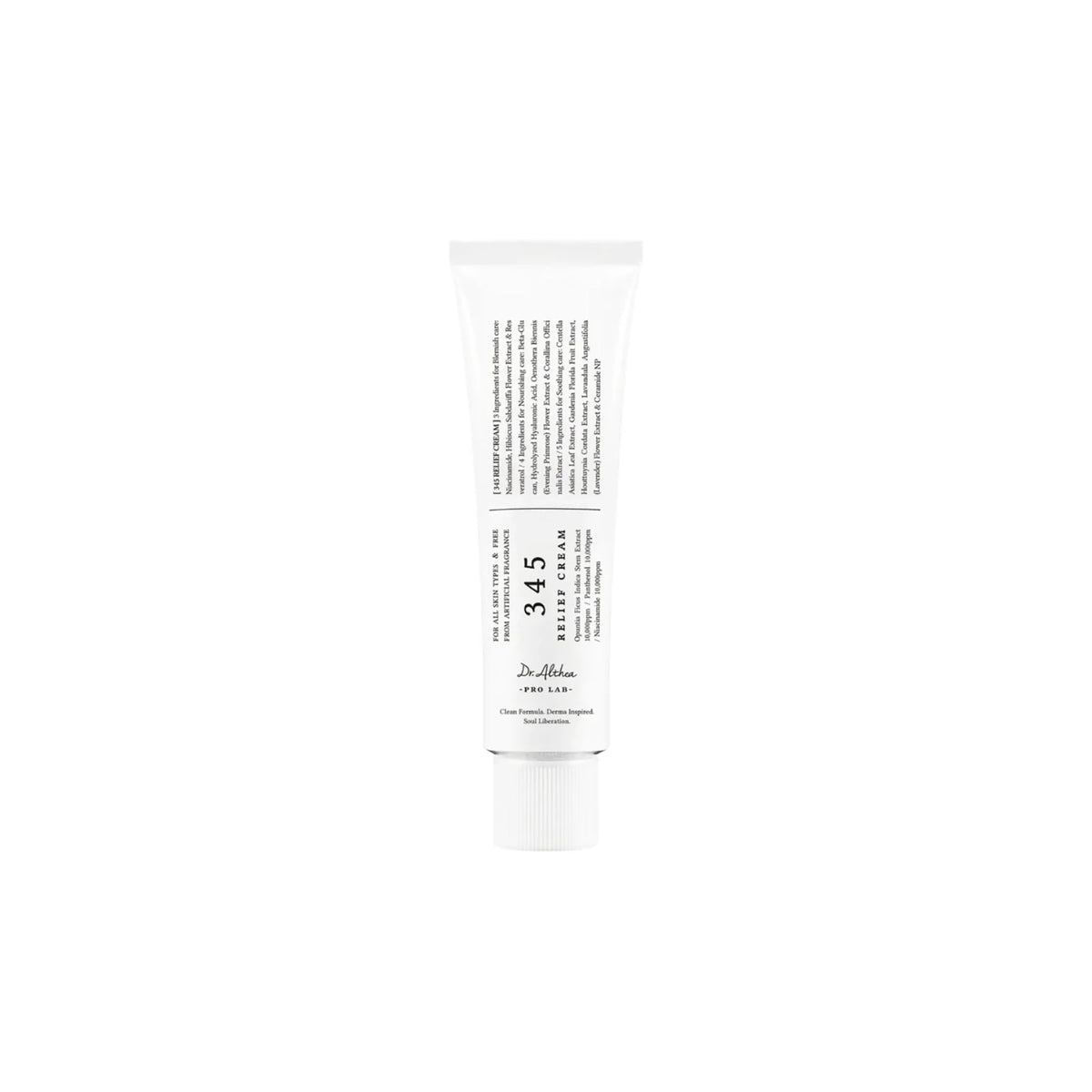 White tube with Dr.Althea 345 Relief Cream 50ml standing vertically against a neutral background, simple and minimalistic packaging.