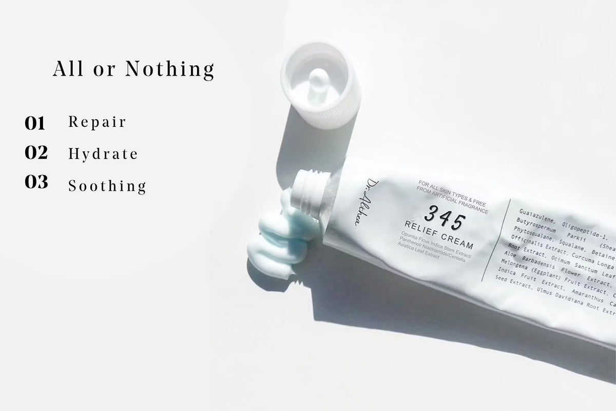 Dr. Althea 345 Relief Cream 50ml pressed out of tube in light, with open lid and creamy, light blue texture on white background.