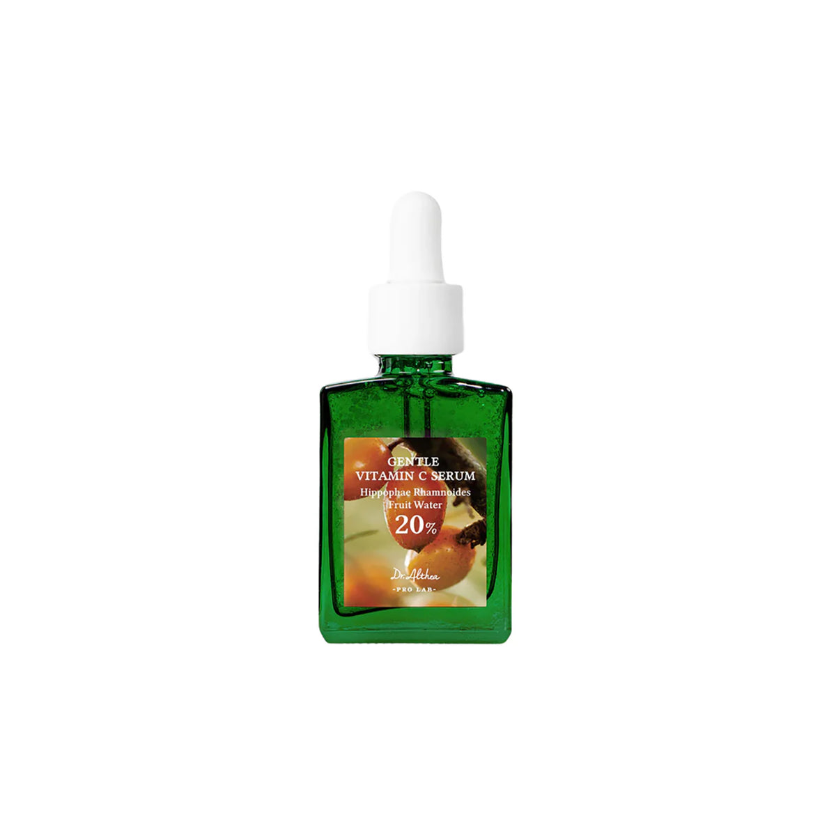 Green glass bottle with Dr.Althea Gentle Vitamin C Serum 30ml and white pipette, contains 20% vitamin C.