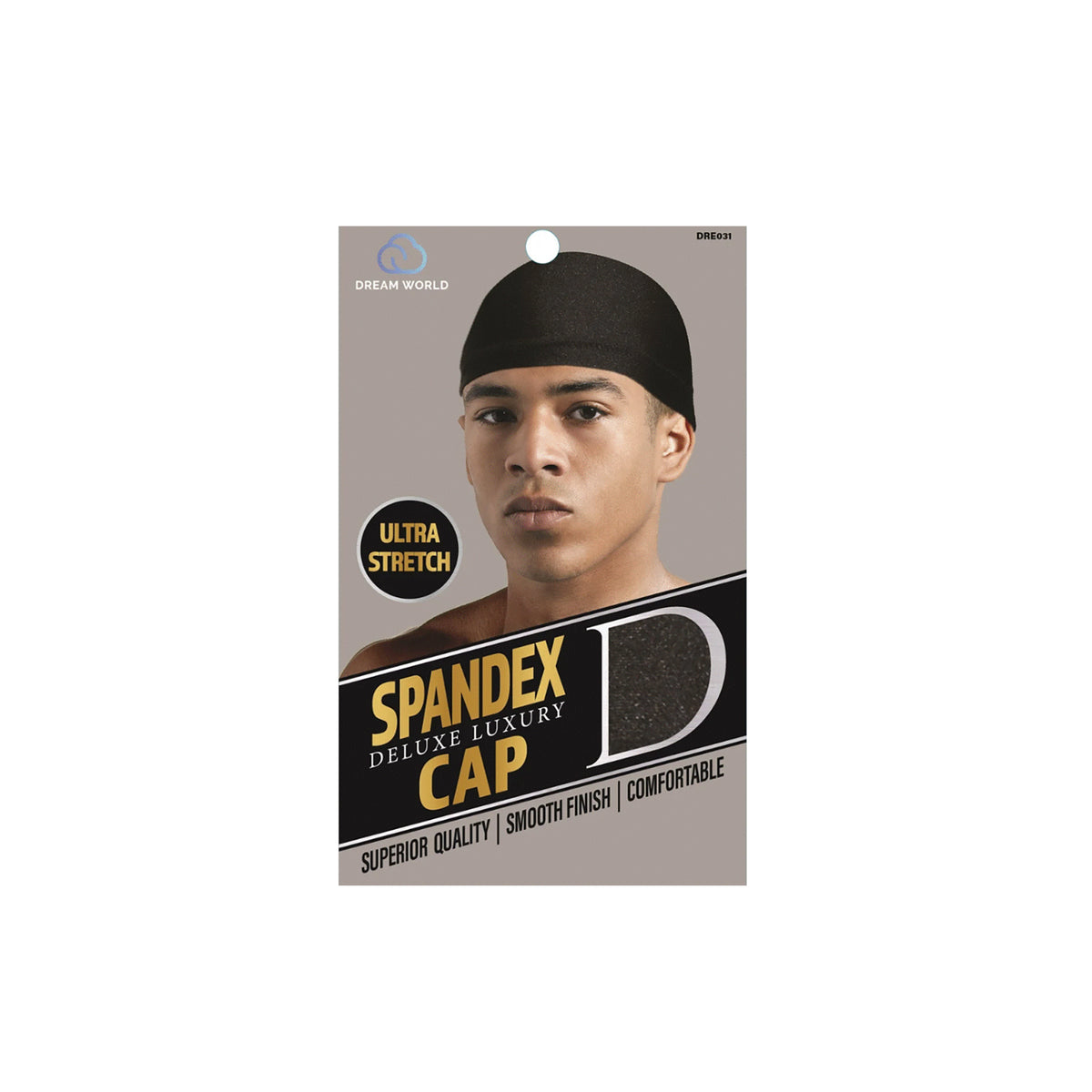 Packaging for Dream World Spandex Cap Black DRE031, black spandex cap with ultra stretch, smooth finish and comfort for everyday wear.