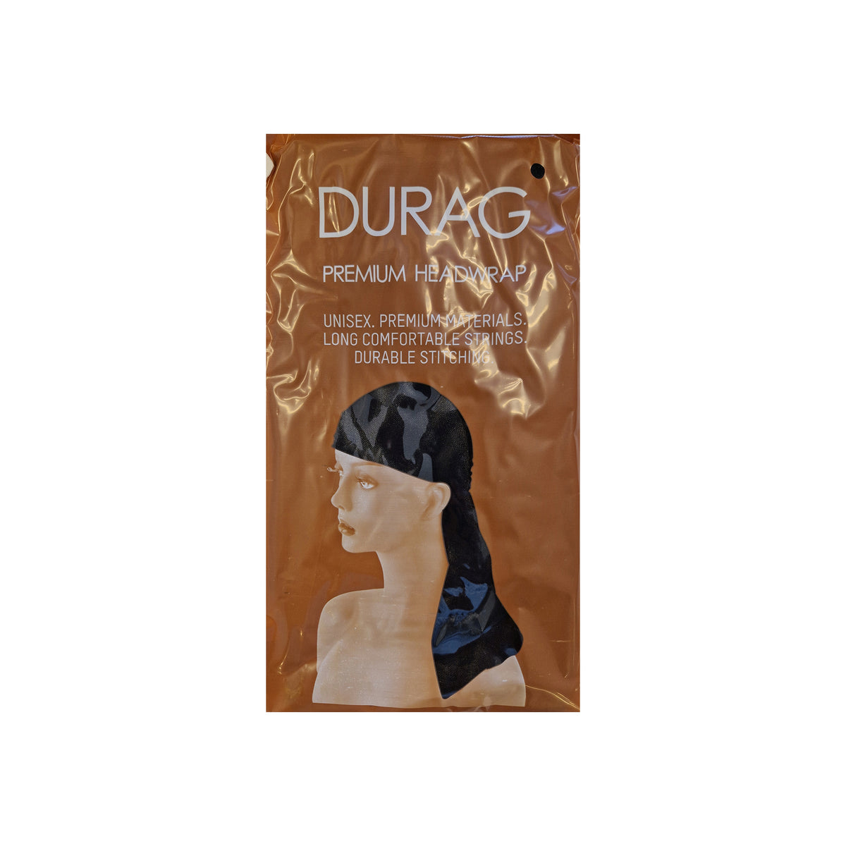 Durag Premium Headwrap in black, shown in orange packaging with mannequin wearing durag and text about comfort and durability.