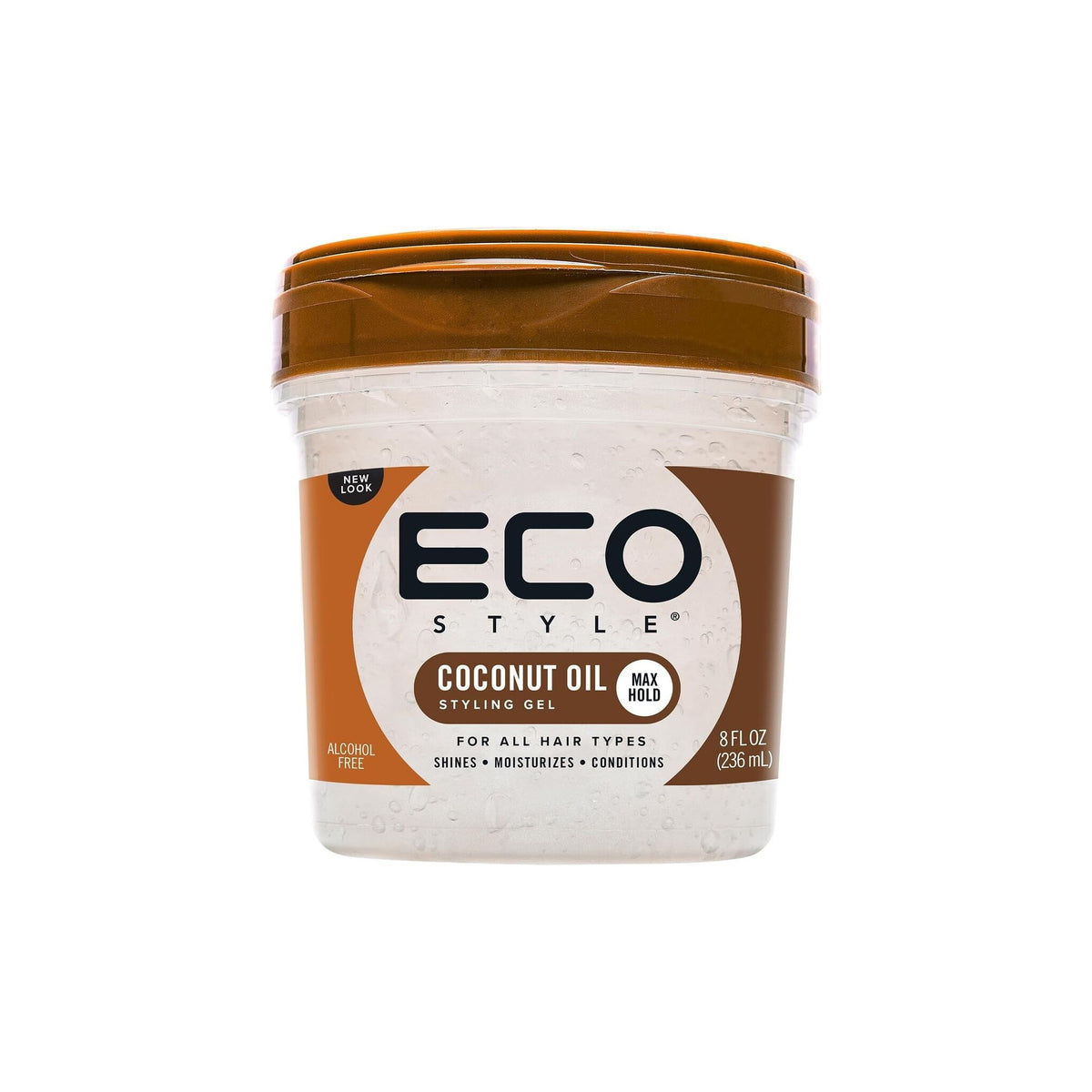 White container Eco Style Styling Gel Coconut Oil 236ml with brown lid, alcohol-free gel with maximum hold and coconut oil for moisture and shine.