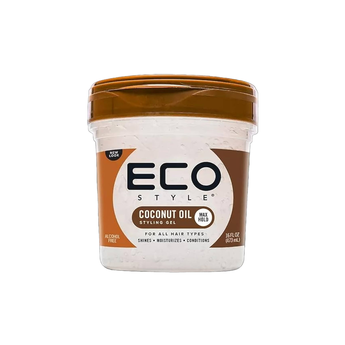White container Eco Style Styling Gel Coconut Oil 473ml with brown lid, alcohol-free gel with maximum hold and coconut oil for moisture and shine.
