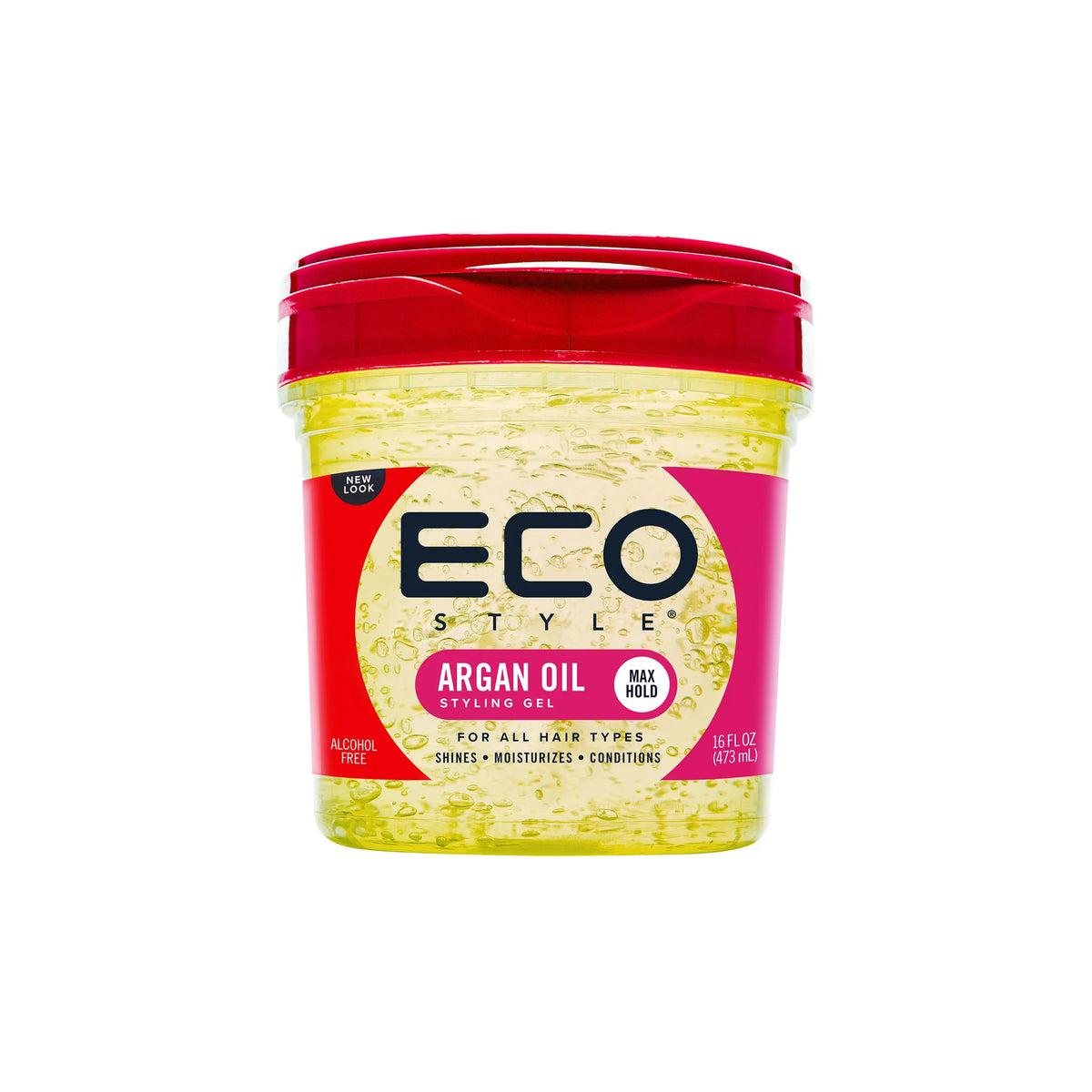 Eco Styler Argan Oil Styling Gel (473 ml) with red cap and label. The gel is clear and intended for all hair types to provide maximum hold, shine, moisture and care.