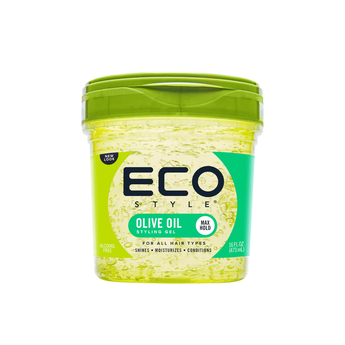Eco Styler Olive Oil Styling Gel (473 ml) with green cap and label. The gel is clear and intended for all hair types to provide maximum hold, shine, moisture and care.