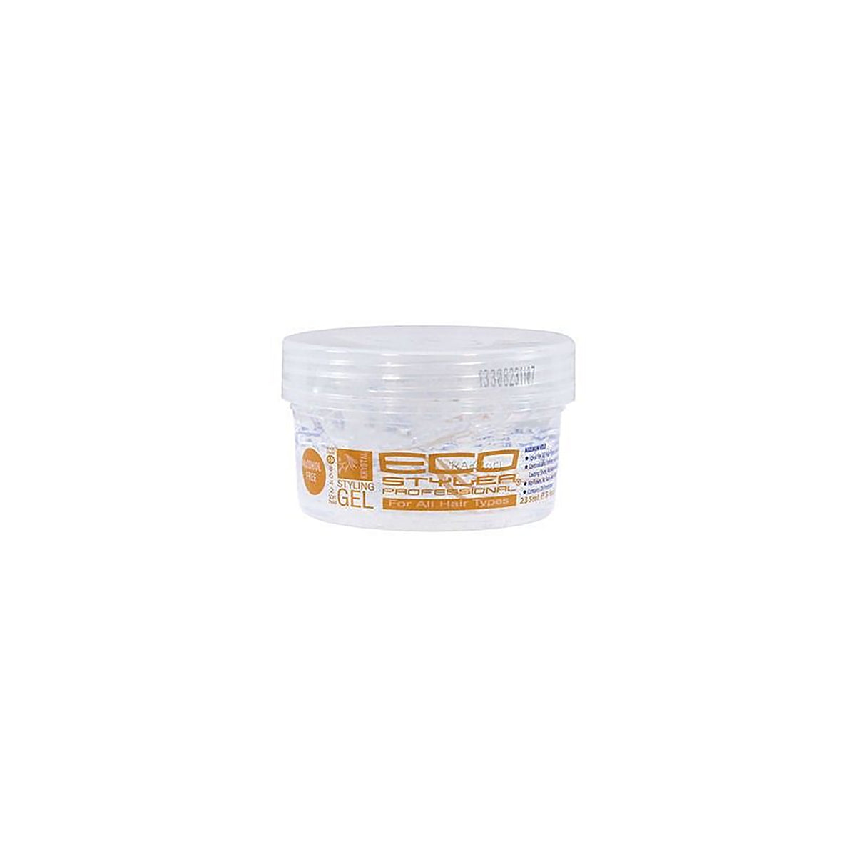 Clear container Eco Style Styling Gel Krystal 236ml with transparent lid and golden label, alcohol-free gel for all hair types with strong hold and shine