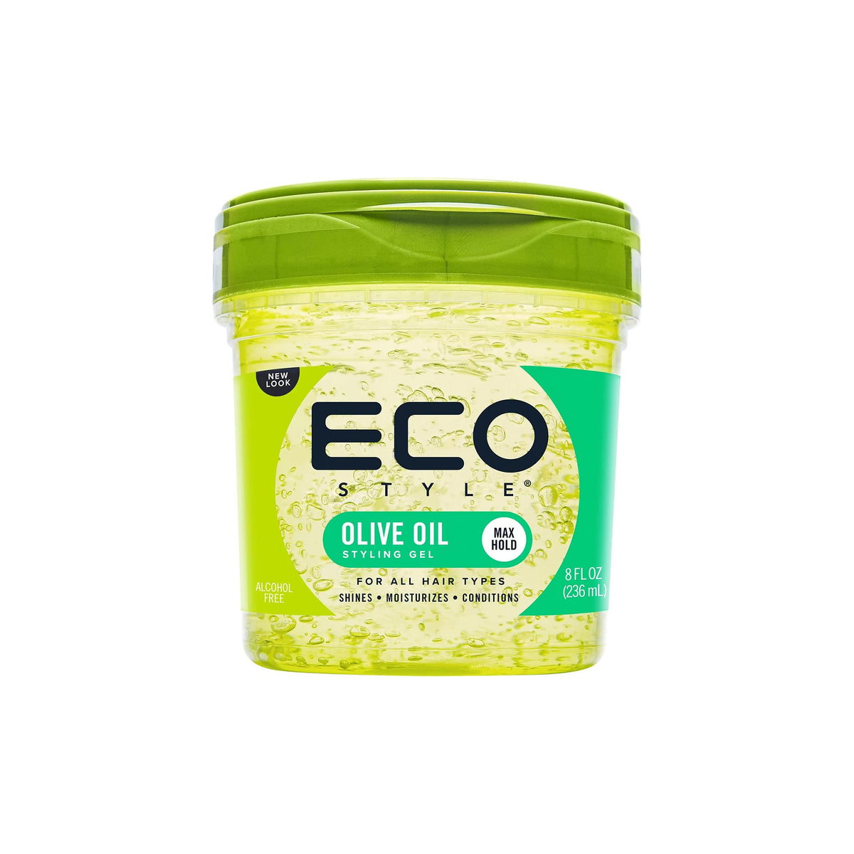 Green container Eco Style Styling Gel Olive Oil 236ml with transparent lid, alcohol-free gel with olive oil for moisture, shine and strong hold.