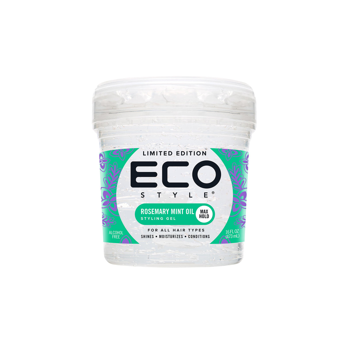 Clear container Eco Style Styling Gel Rosemary Mint Oil 236ml with purple-green label, alcohol-free gel for strong hold and fresh scent.