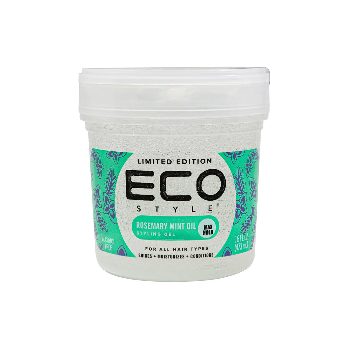 Clear container Eco Style Styling Gel Rosemary Mint Oil 473ml with purple-green label, alcohol-free gel for all hair types with maximum hold and fresh scent.