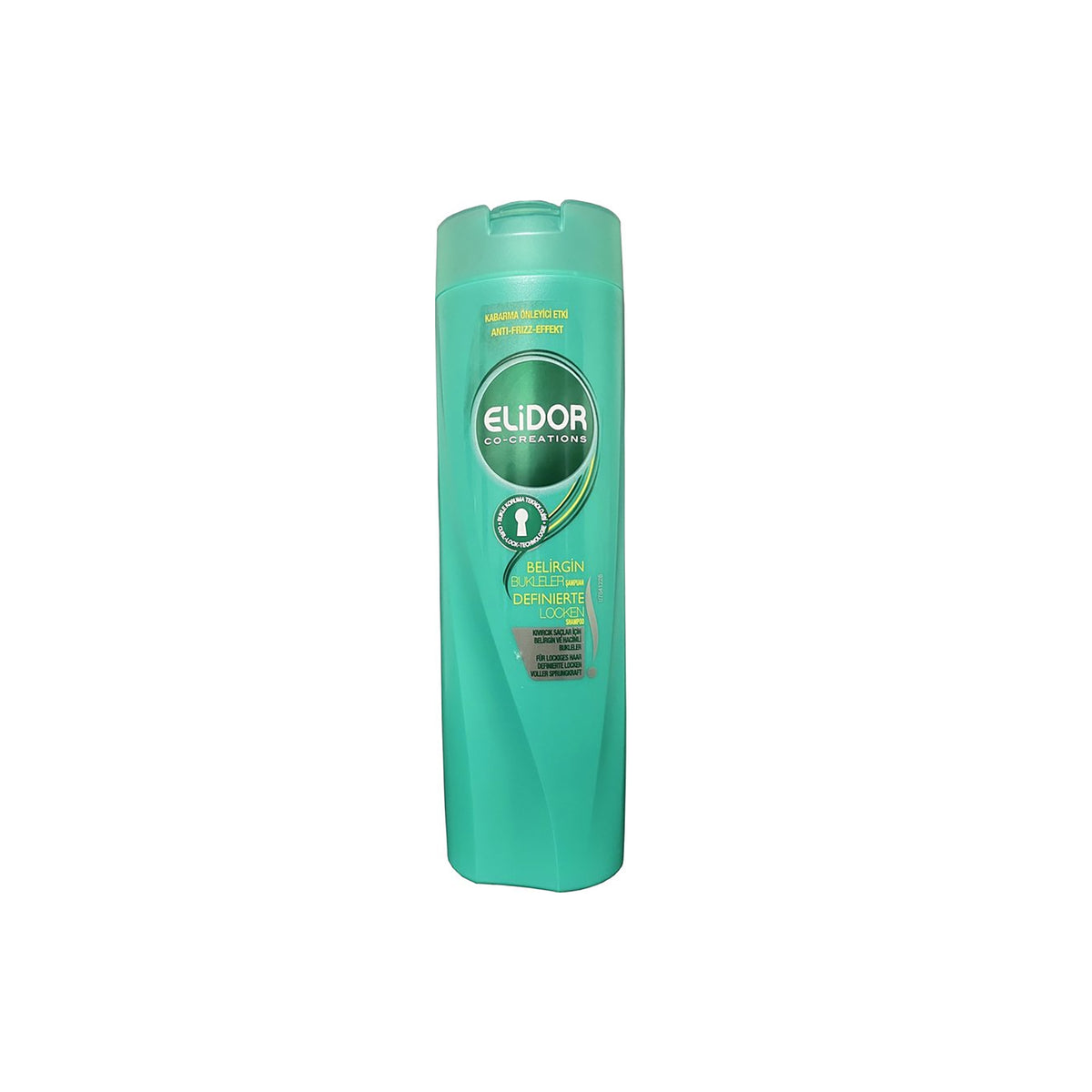 Green bottle of Elidor Define Curls Shampoo 400ml with anti-frizz effect for defined curls on a white background.