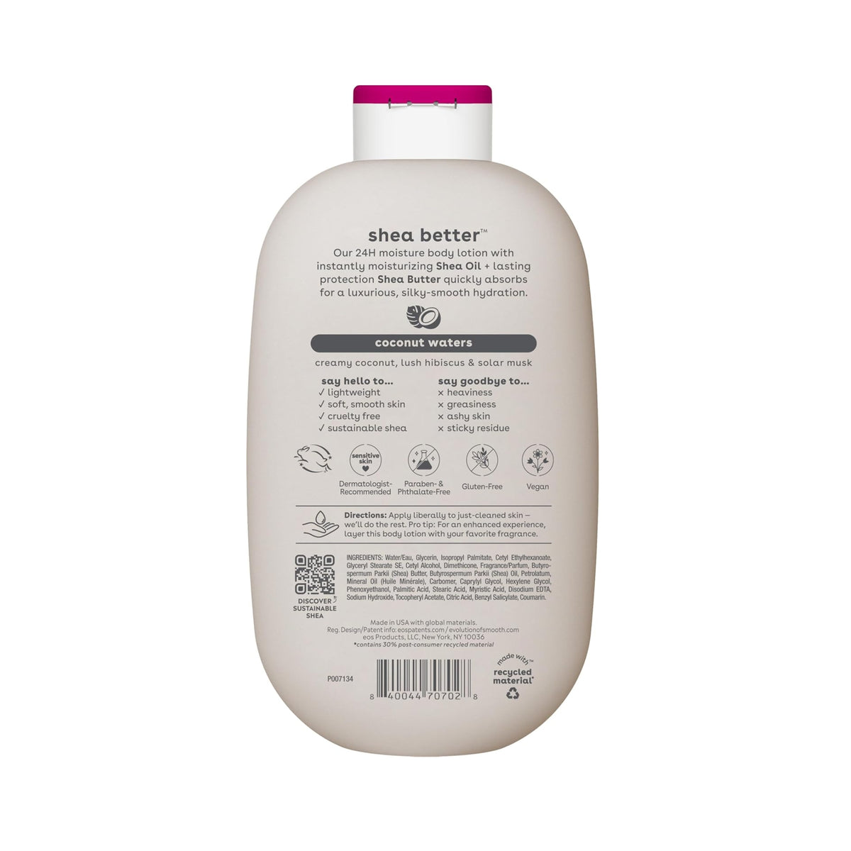 eos Shea Better body lotion back with ingredients, coconut water scent and pink lid against white background.