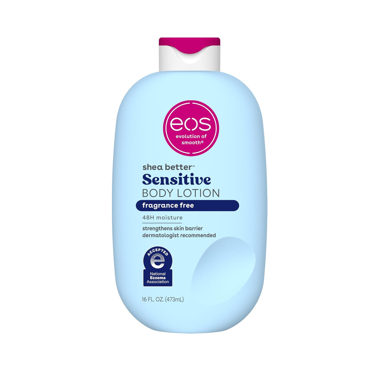 eos Shea Better Sensitive Body Lotion, blue bottle with pink cap, fragrance free, 473 ml.