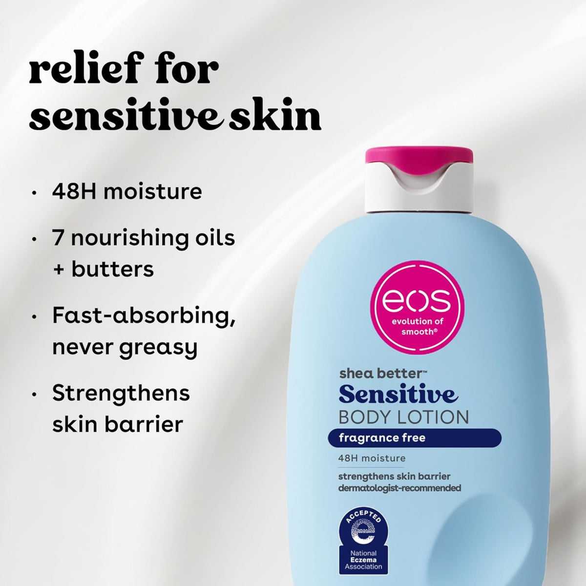 eos Shea Better Sensitive Body Lotion, perfume-free bottle with light blue label and pink cap, soothes sensitive skin for 48 hours.