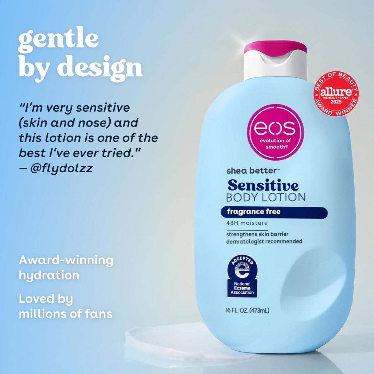 eos Shea Better Sensitive Body Lotion, blue bottle with pink cap, fragrance free, 473 ml, Allure Award Winner 2025.