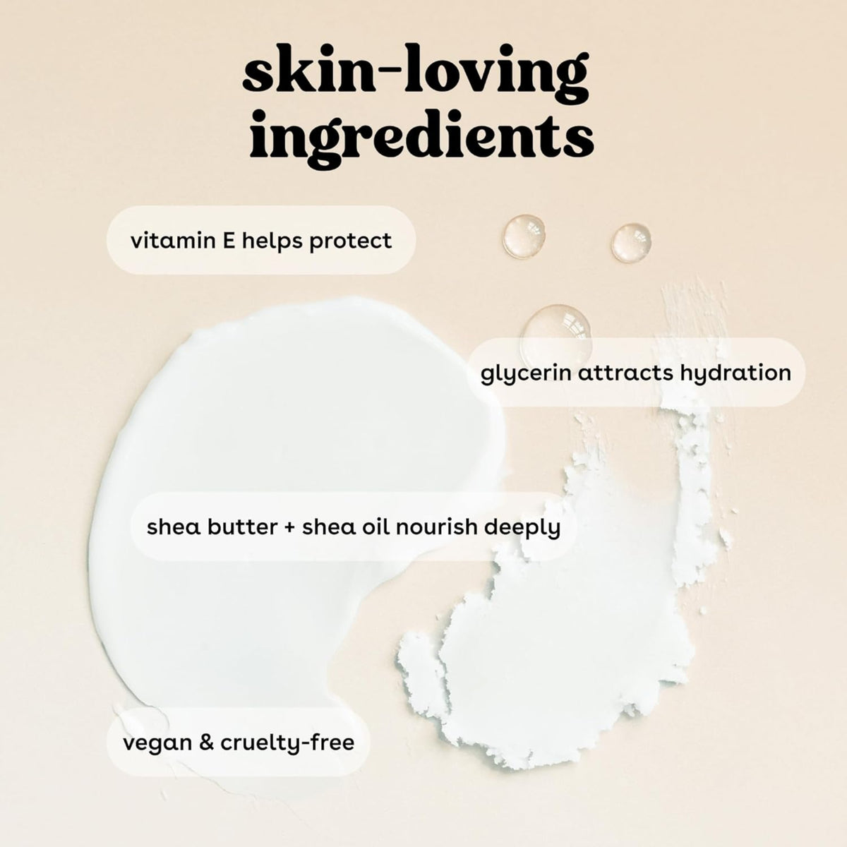 Skin care cream with skin-friendly ingredients: vitamin E, glycerin and shea butter against a creamy background.