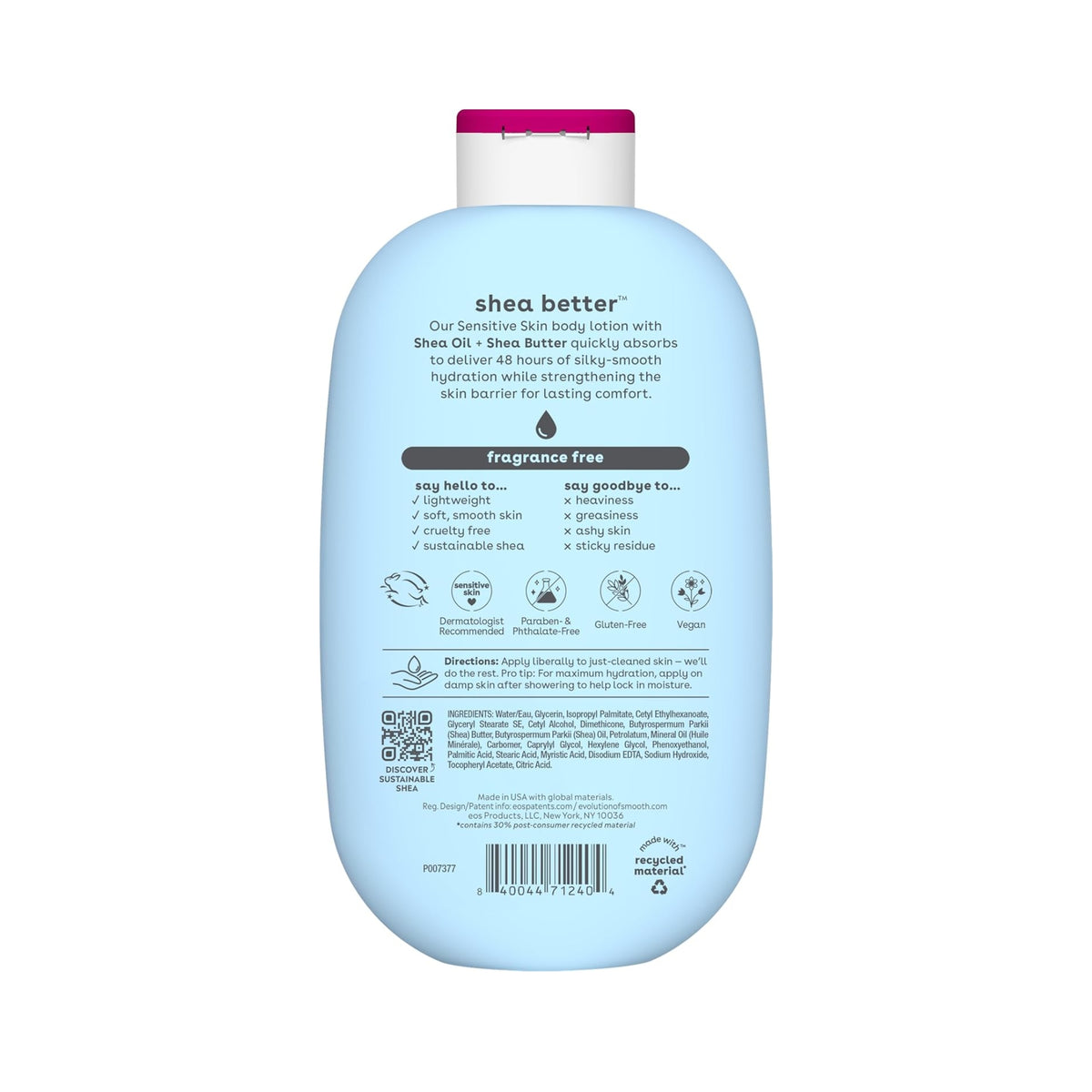 eos Shea Better back page with ingredients and info on sensitive skin lotion with Shea Oil and Shea Butter, perfume-free.