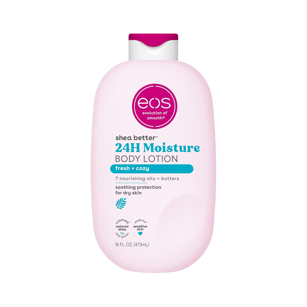 Light pink bottle eos Shea Better 24H Moisture Body Lotion with magenta lid and fresh + cozy scent.