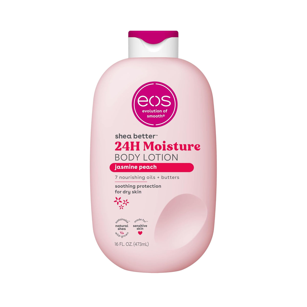 eos Shea Better 24H Moisture body lotion in light pink bottle with jasmine-peach scent, 473 ml.