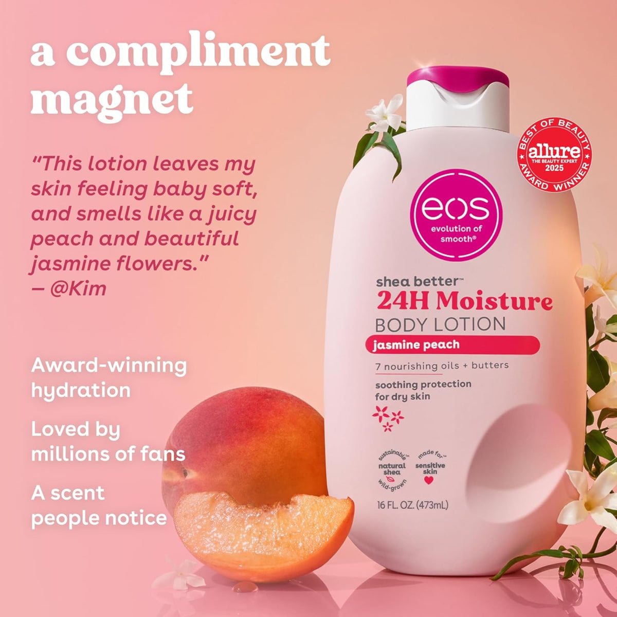 eos Shea Better 24H Moisture Body Lotion jasmine peach next to fresh peach on pink background, Allure Award Winner 2025.