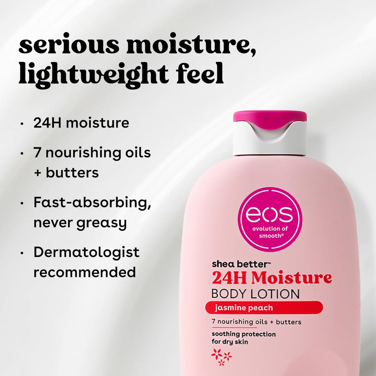 EOS Body Lotion Jasmine Peach 473ml – pink shea better 24H moisturizing body lotion with 7 nourishing oils and spreads.
