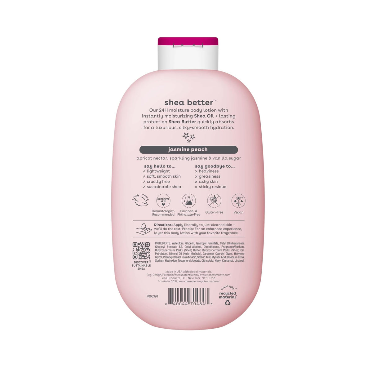 EOS Body Lotion Jasmine Peach 473ml back with ingredient list, directions and shea better 24H moisturizing properties.
