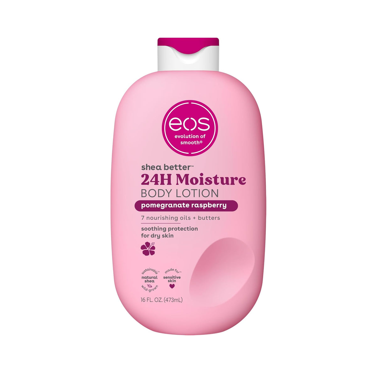 Pink eos Shea Better 24H Moisture Body Lotion bottle in pomegranate raspberry, 473 ml, with white-magenta lid.