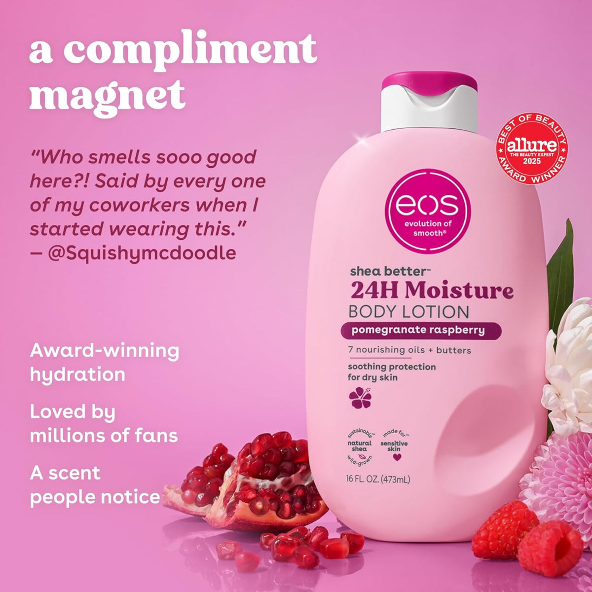 eos Shea Better 24H Moisture body lotion in pomegranate raspberry, bottle surrounded by pomegranate and raspberry on pink background.