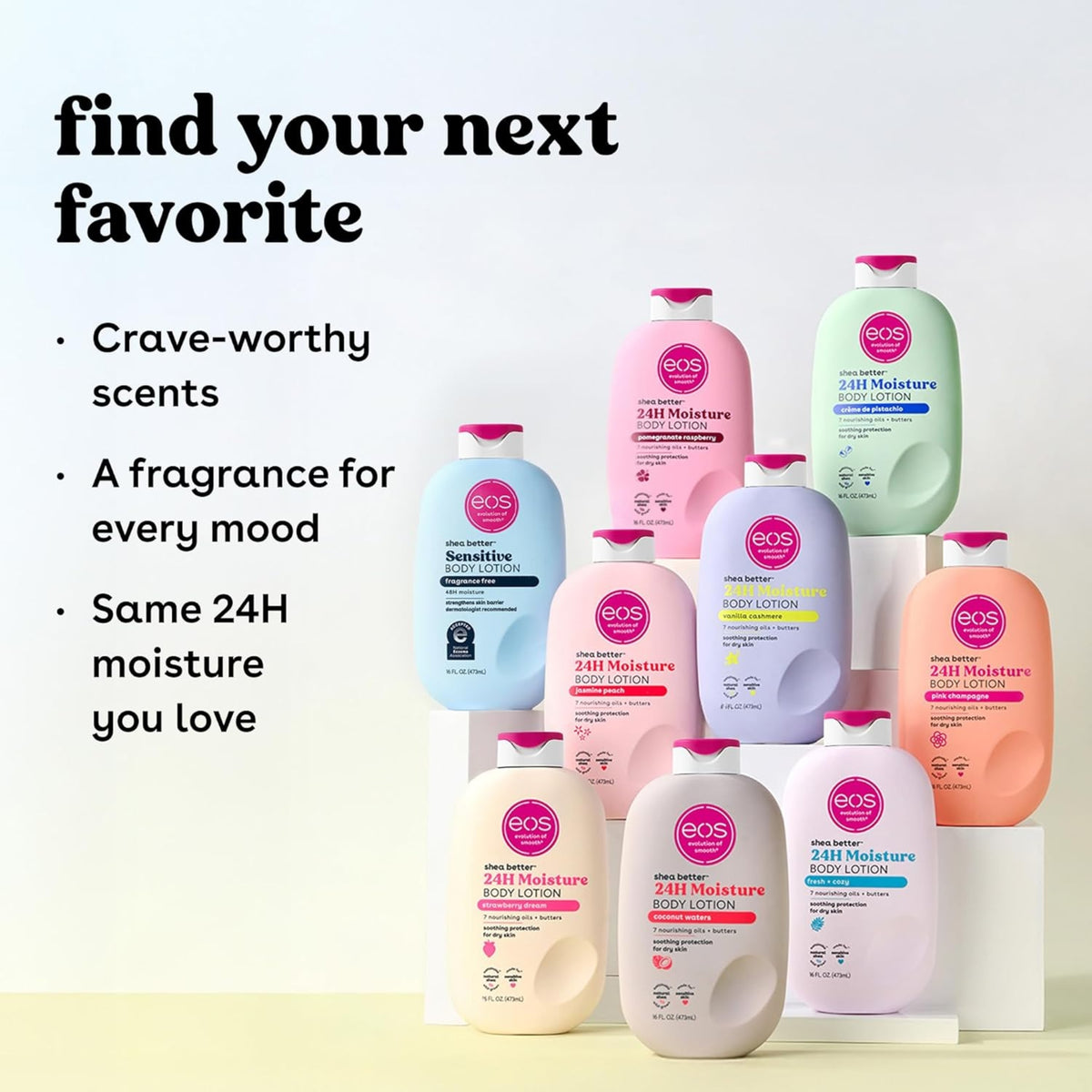 eos Shea Better 24H Moisture body lotion in nine colorful bottles with scents like jasmine peach and coconut water.