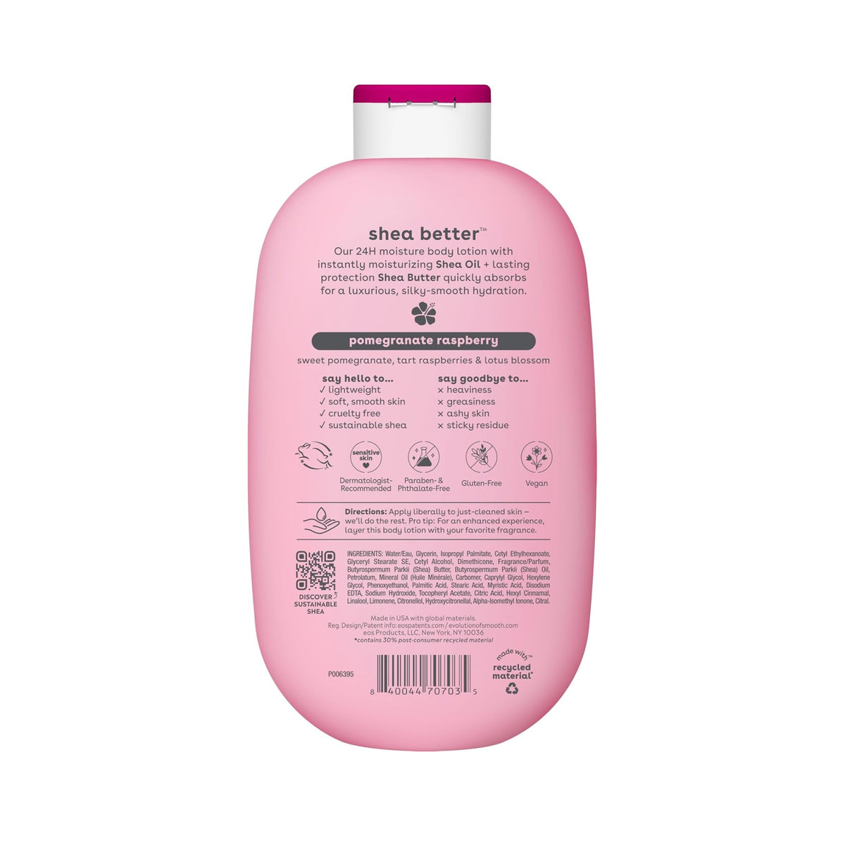 eos Shea Better body lotion bottle in pink with magenta lid, back with ingredients and pomegranate raspberry fragrance.