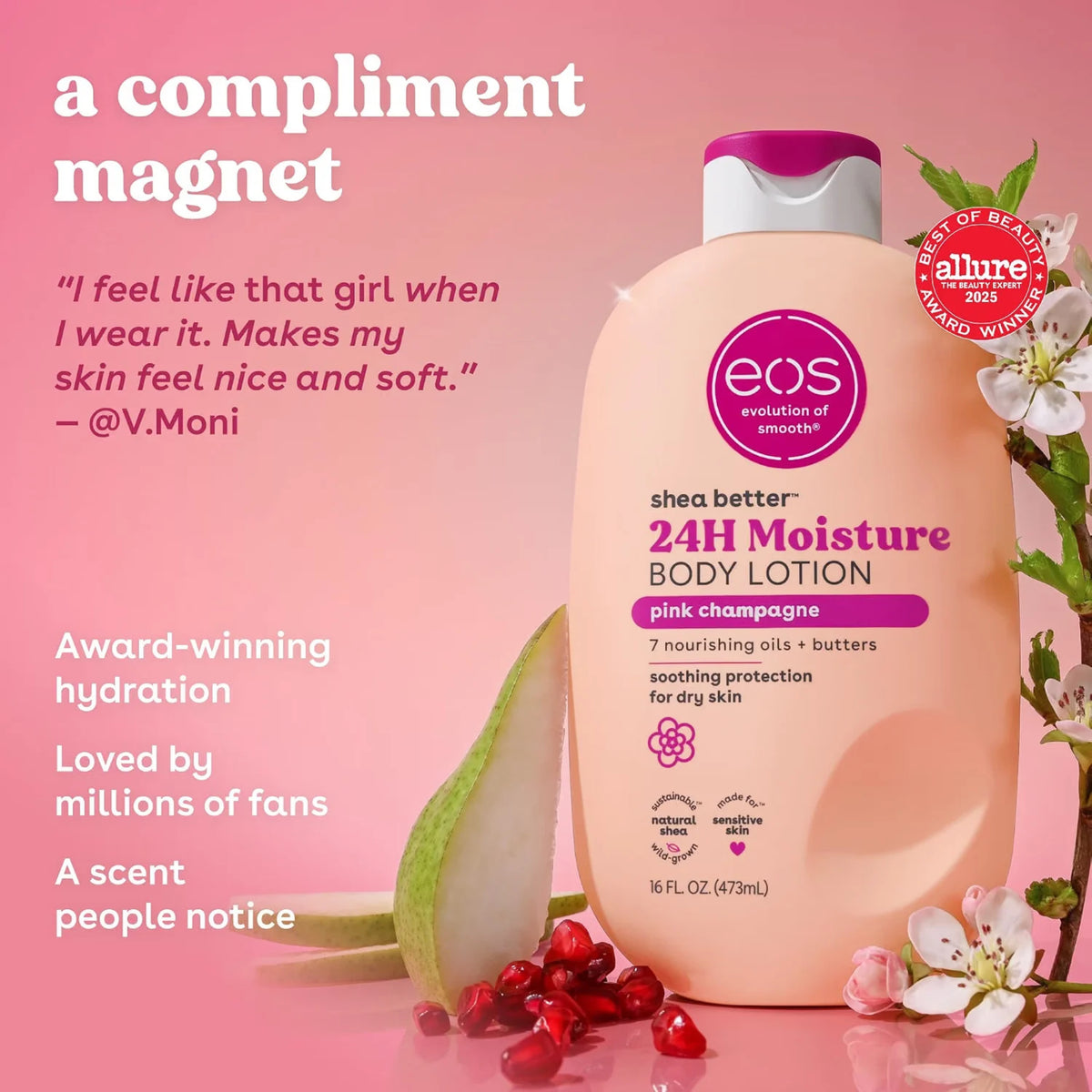 eos Shea Better 24H Moisture Body Lotion i pink champagne-duft, flaske omgivet af pærer og granatæblekerner.