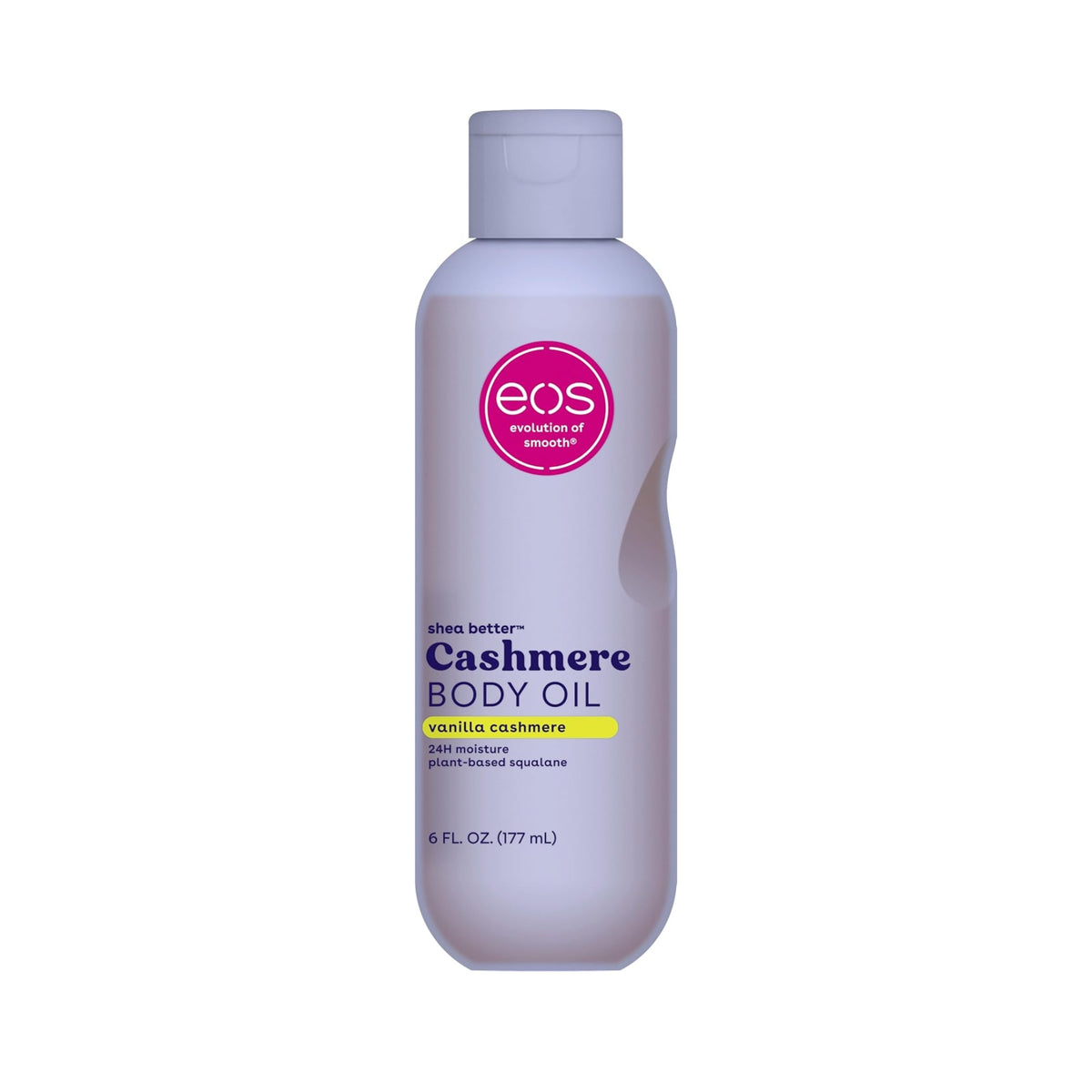 Eos Shea Better Cashmere Body Oil bottle in vanilla cashmere fragrance, 177 ml, light purple packaging with pink logo.
