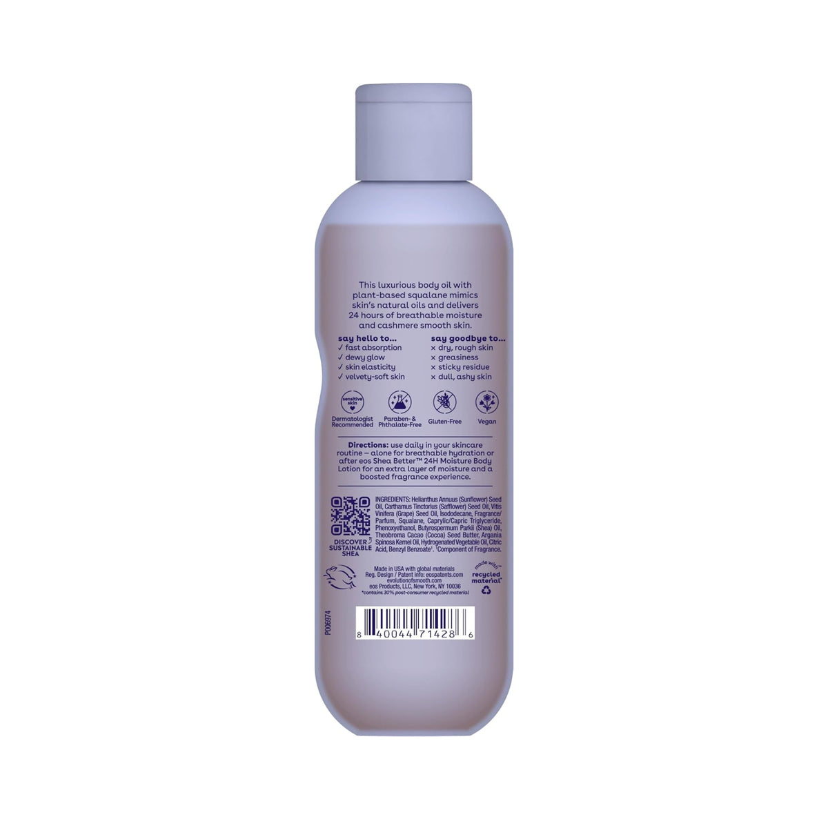 eos Shea Better body oil bottle with ingredients, instructions for use and barcode on back label.