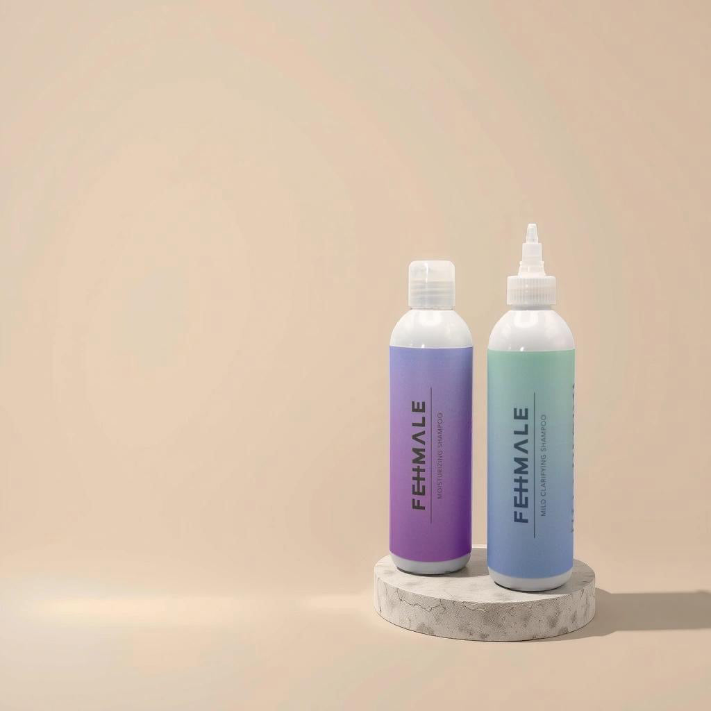 Two Fehmale bottles on a round stone plinth against a beige background, left purple Moisturizing Shampoo and right green-blue Clarifying Shampoo 250ml.