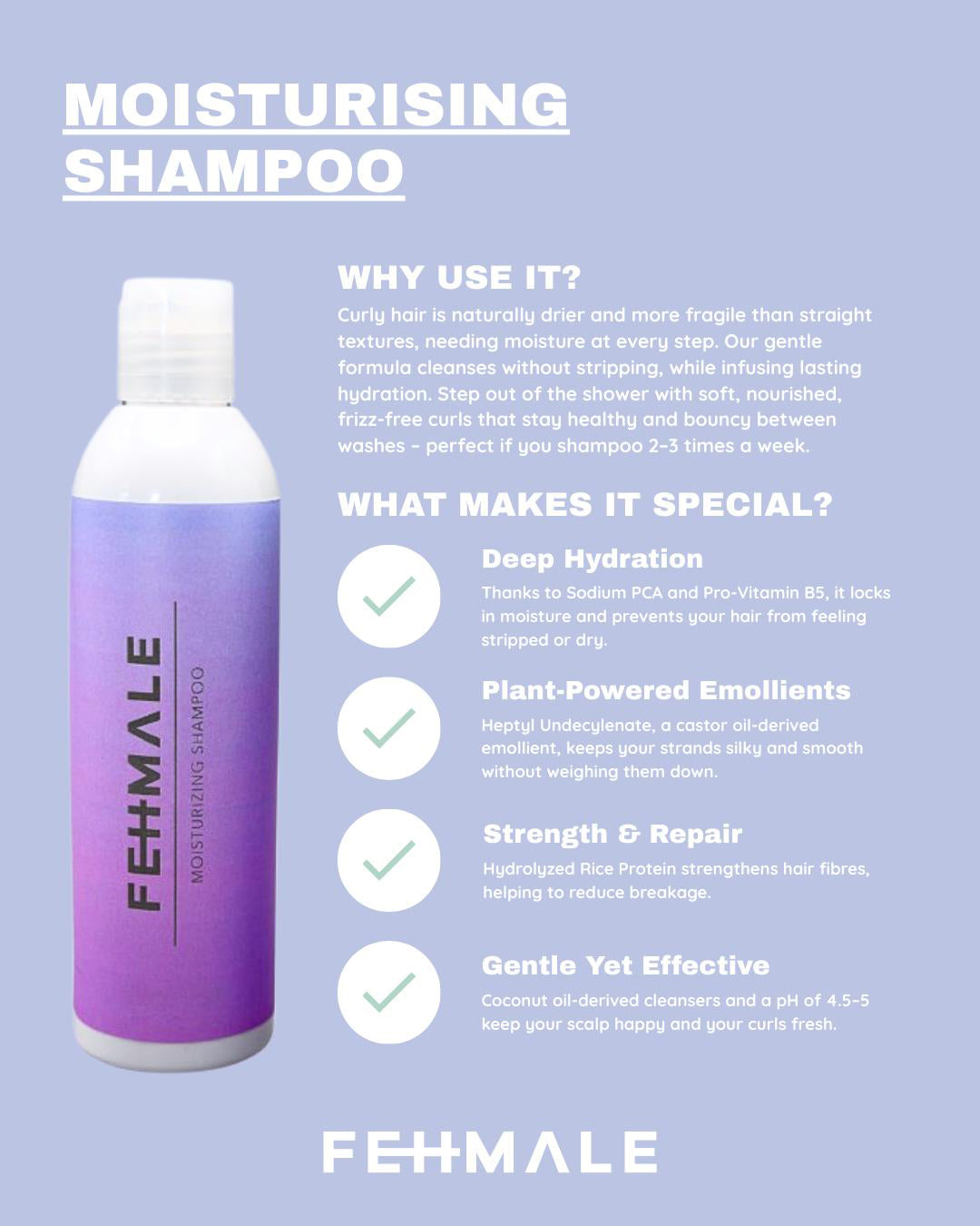 Fehmale Moisturizing Shampoo 250ml with purple gradient bottle, highlighted deep hydration, plant oils and strengthening rice protein.