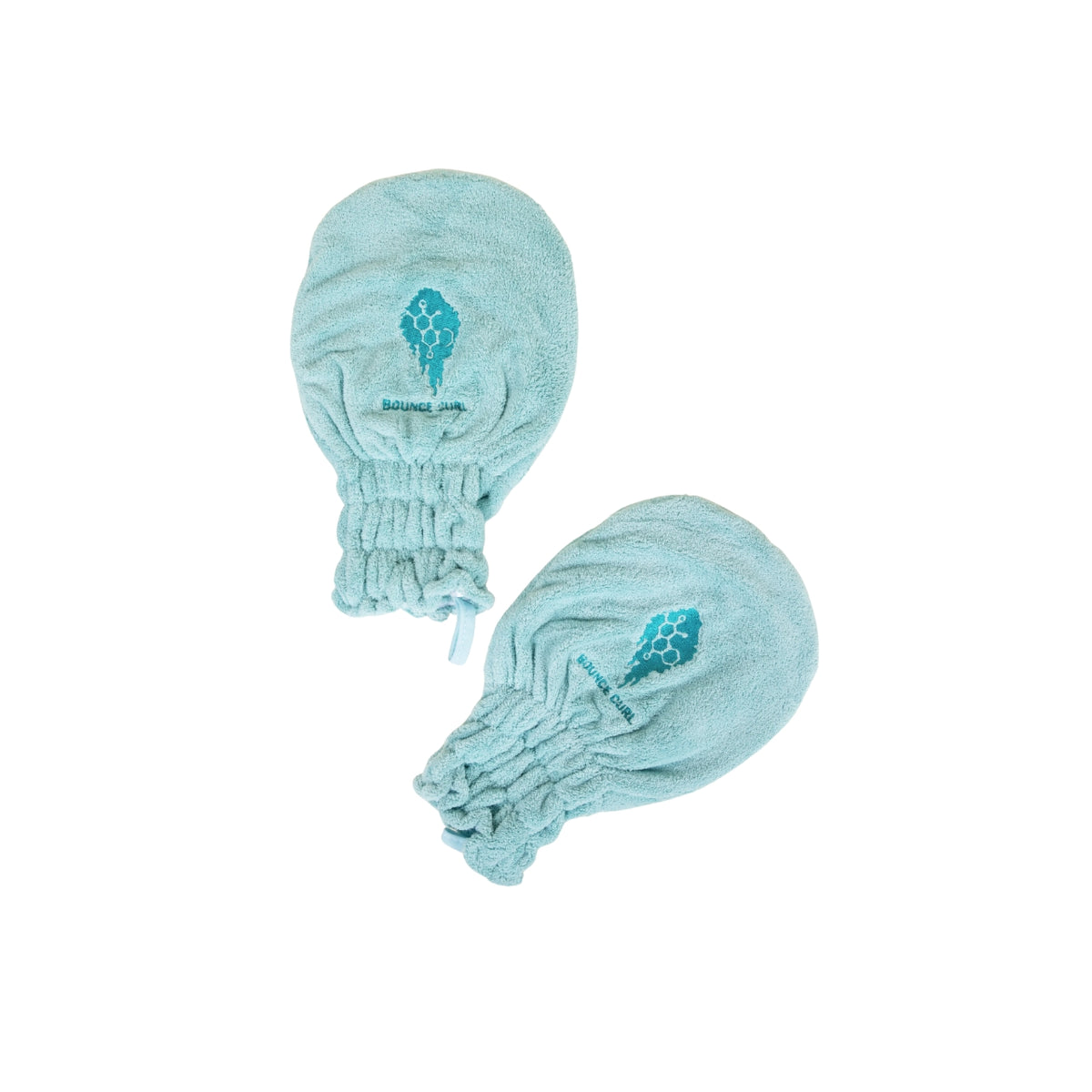 Two light blue Bounce Curl Hair Drying Mittens in soft terry fabric with elastic cuffs and logo in turquoise.