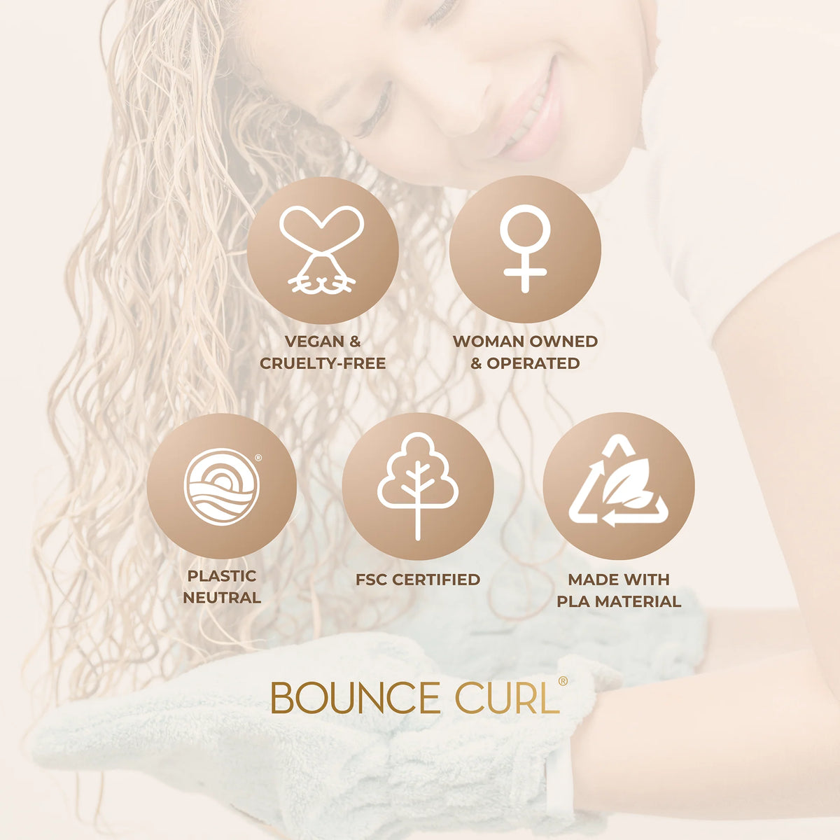 Woman dries curly hair with Bounce Curl Hair Drying Mittens in mint green color, surrounded by sustainability icons.