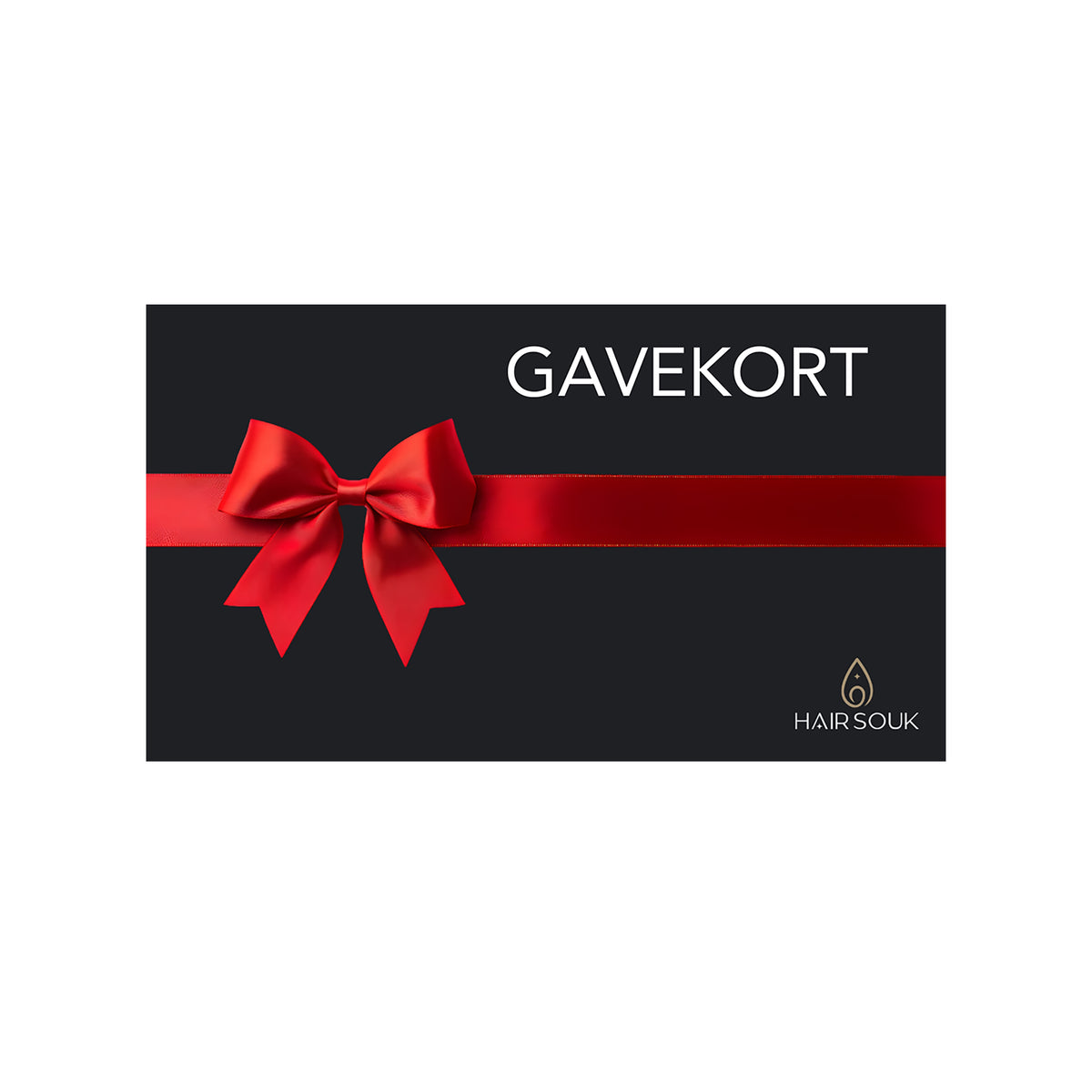 Short Hair Souk Gift card with red silk ribbon and bow as logo in the lower corner on an elegant background.