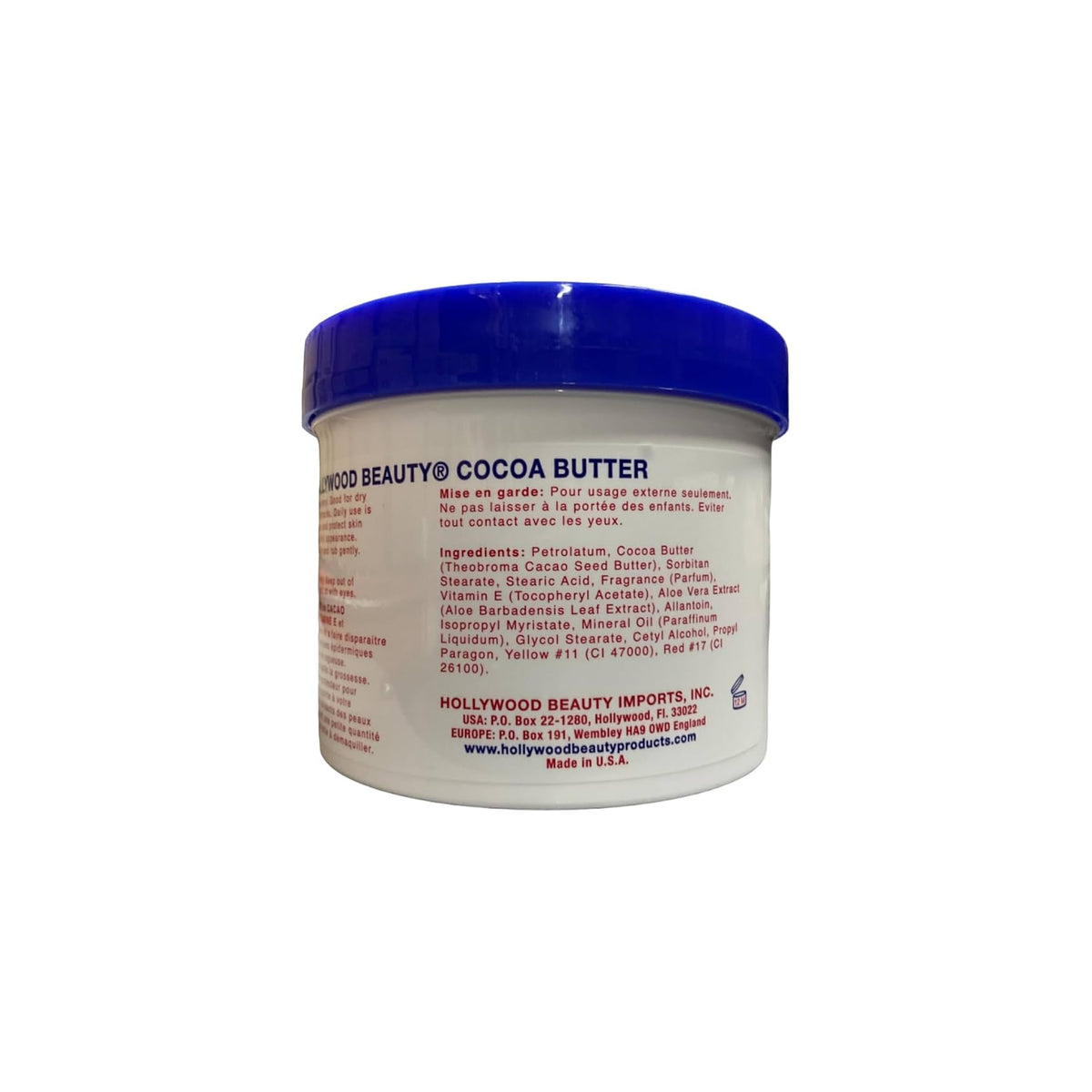 Back of a 708g container of Hollywood Beauty Cocoa Butter Skin Creme showing ingredient list, warnings and manufacturer information.