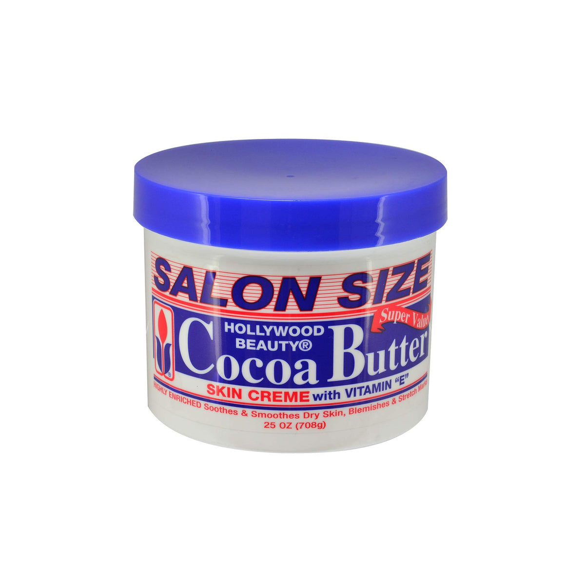 Large plastic container (708g) Hollywood Beauty Cocoa Butter Skin Cream with blue lid and white label.