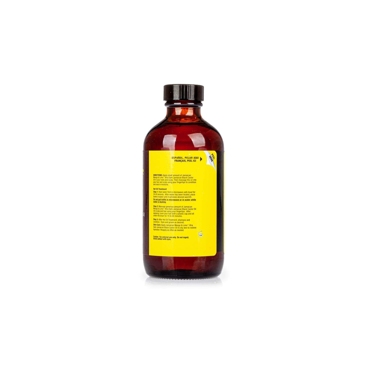 Back of a 237ml bottle of Jamaican Mango & Lime Black Castor Oil Xtra Dark showing directions for use and ingredients list.
