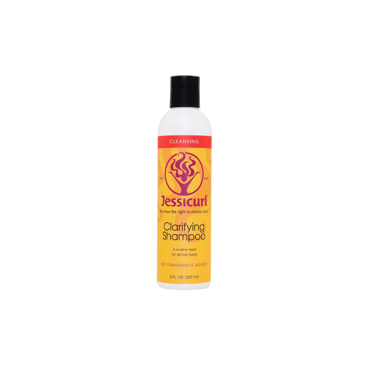 Jessicurl Clarifying Shampoo 235ml in white bottle with black lid and yellow-orange label with red top and purple logo.