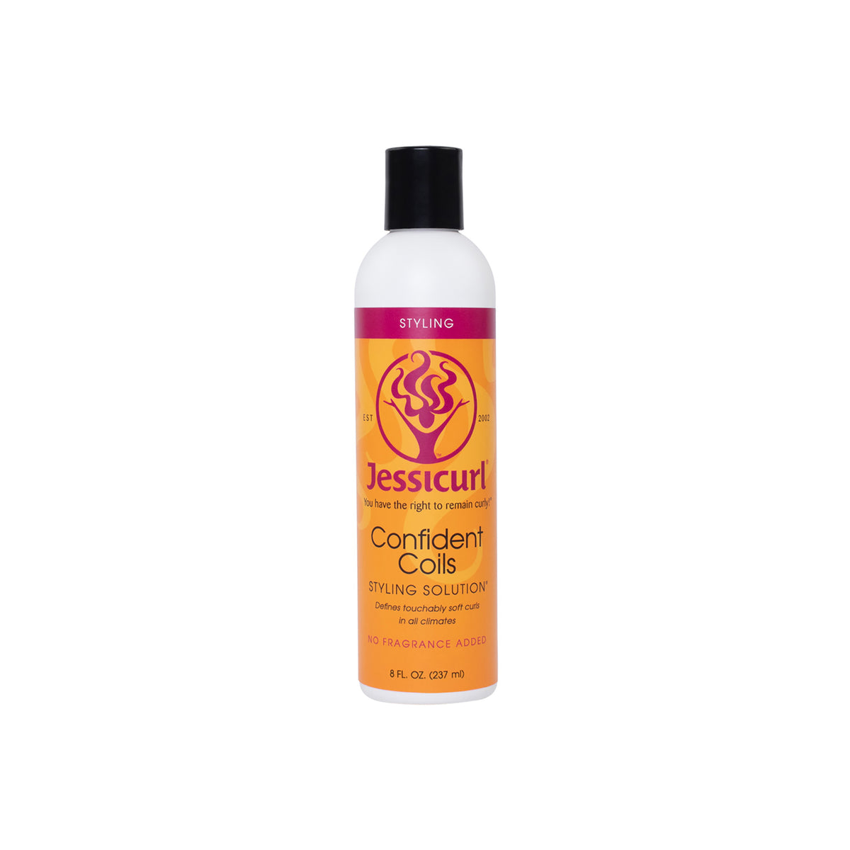 Jessicurl Confident Coils Styling Solution 235ml in white bottle with black lid and orange label with pink top and purple logo.