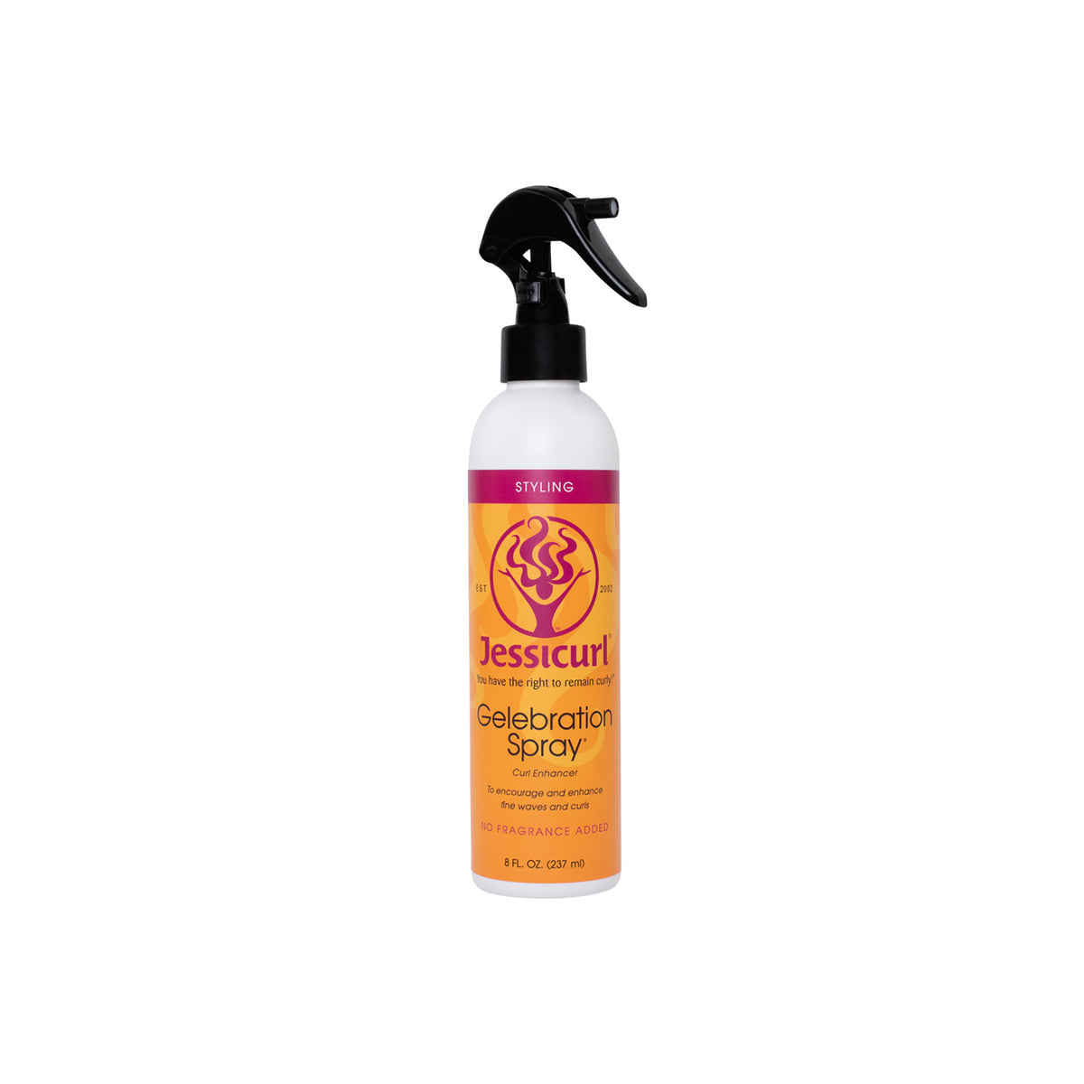 Jessicurl Gelebration Spray 235ml in white spray bottle with black trigger pump and yellow-orange label with pink top.