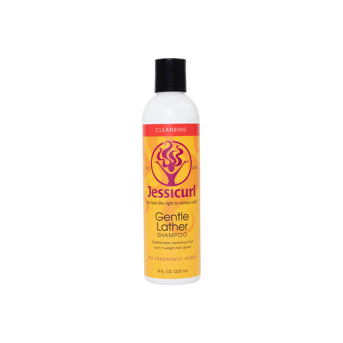 Jessicurl Gentle Lather Shampoo 235ml in white bottle with black cap and yellow-orange label with red top and purple logo.