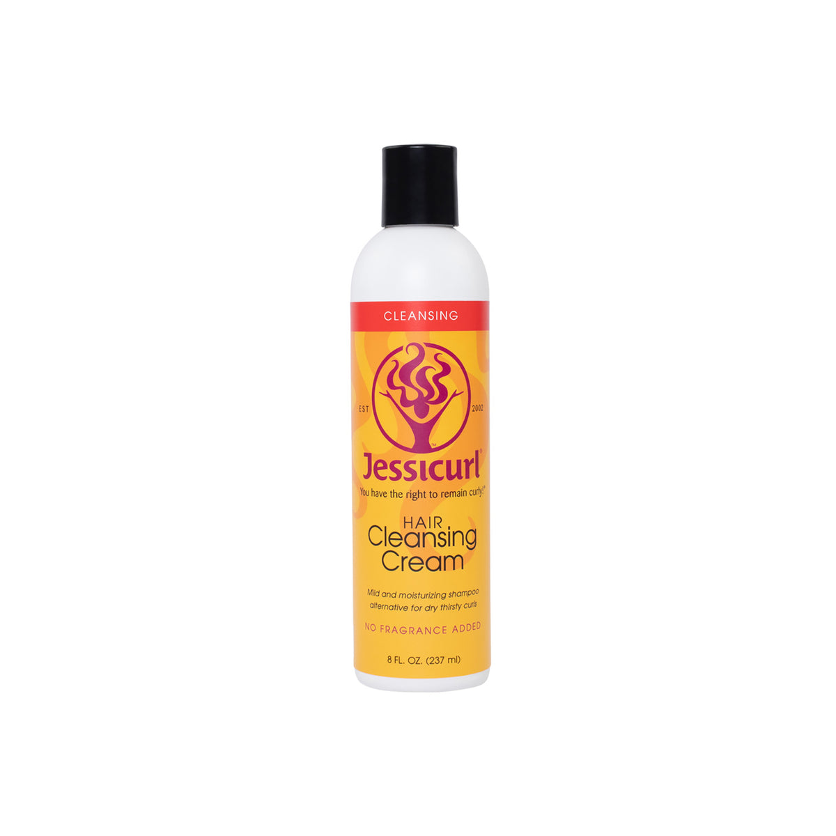 Jessicurl Hair Cleansing Cream Shampoo Fragrance Free 235ml in white bottle with black lid and yellow-orange label.